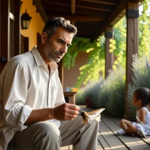 Un hombre pensativo observa una niña en la luz dorada