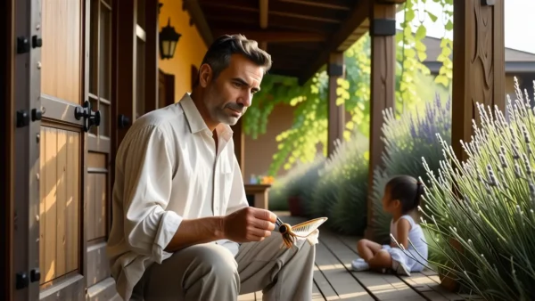 Un hombre pensativo observa una niña en la luz dorada