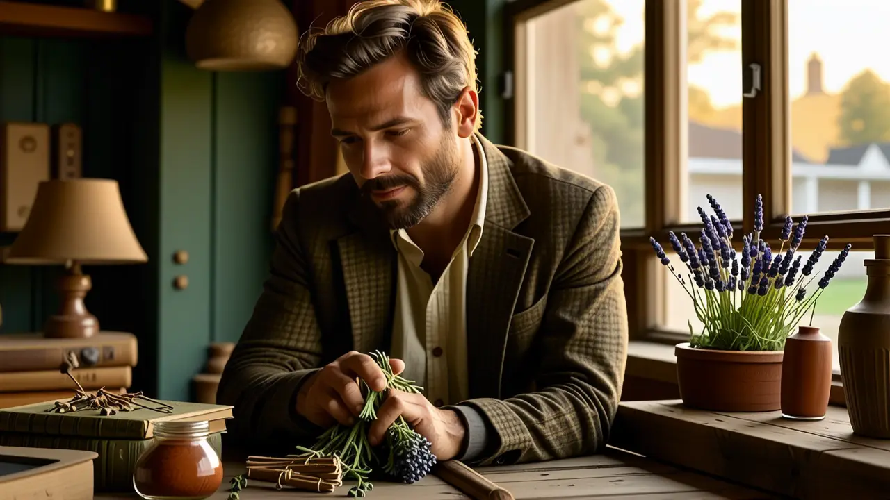 Un hombre pensativo sostiene madera aromática