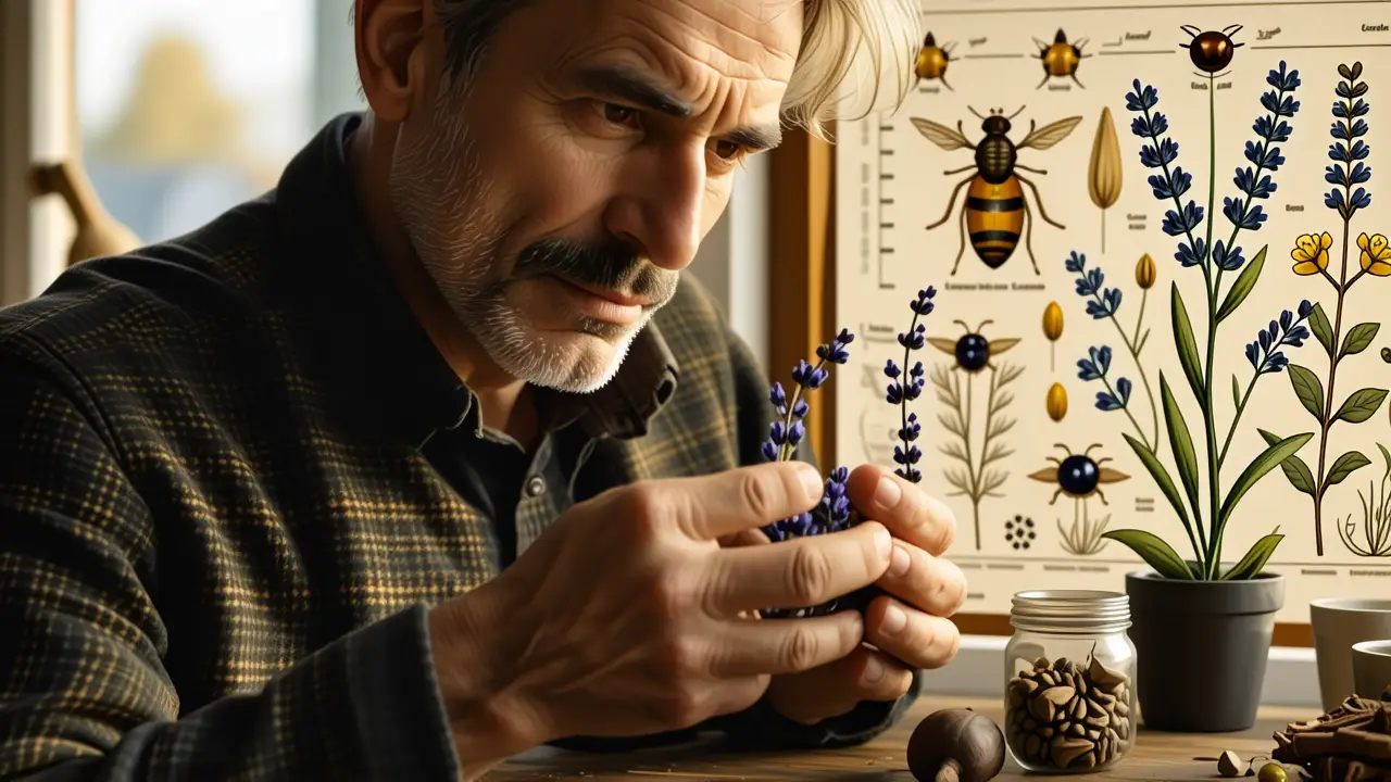 Un hombre examina un insecto en luz cálida