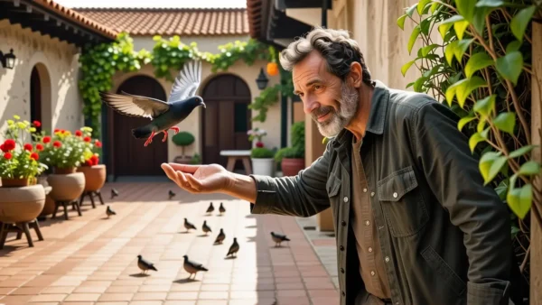 Un hombre español amable captura una paloma en la luz dorada