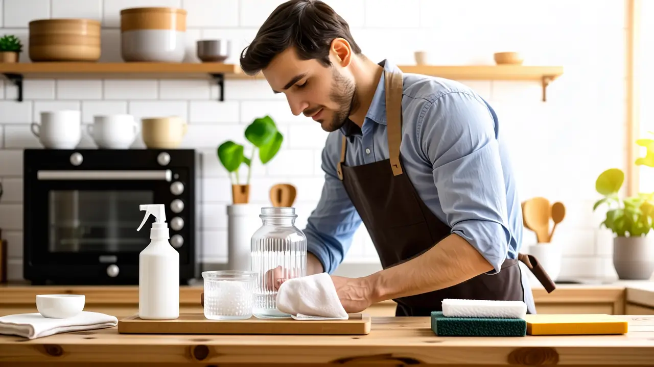 Esterilizar Botes Cristal: Microondas y Más | ¡Seguridad Alimentos! 3 Un hombre limpia con cuidado en cocina