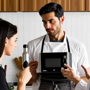 Un chef pensativo sirve en cocina moderna