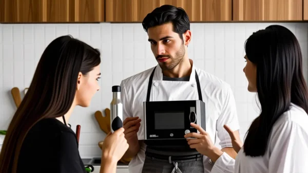 Un chef pensativo sirve en cocina moderna