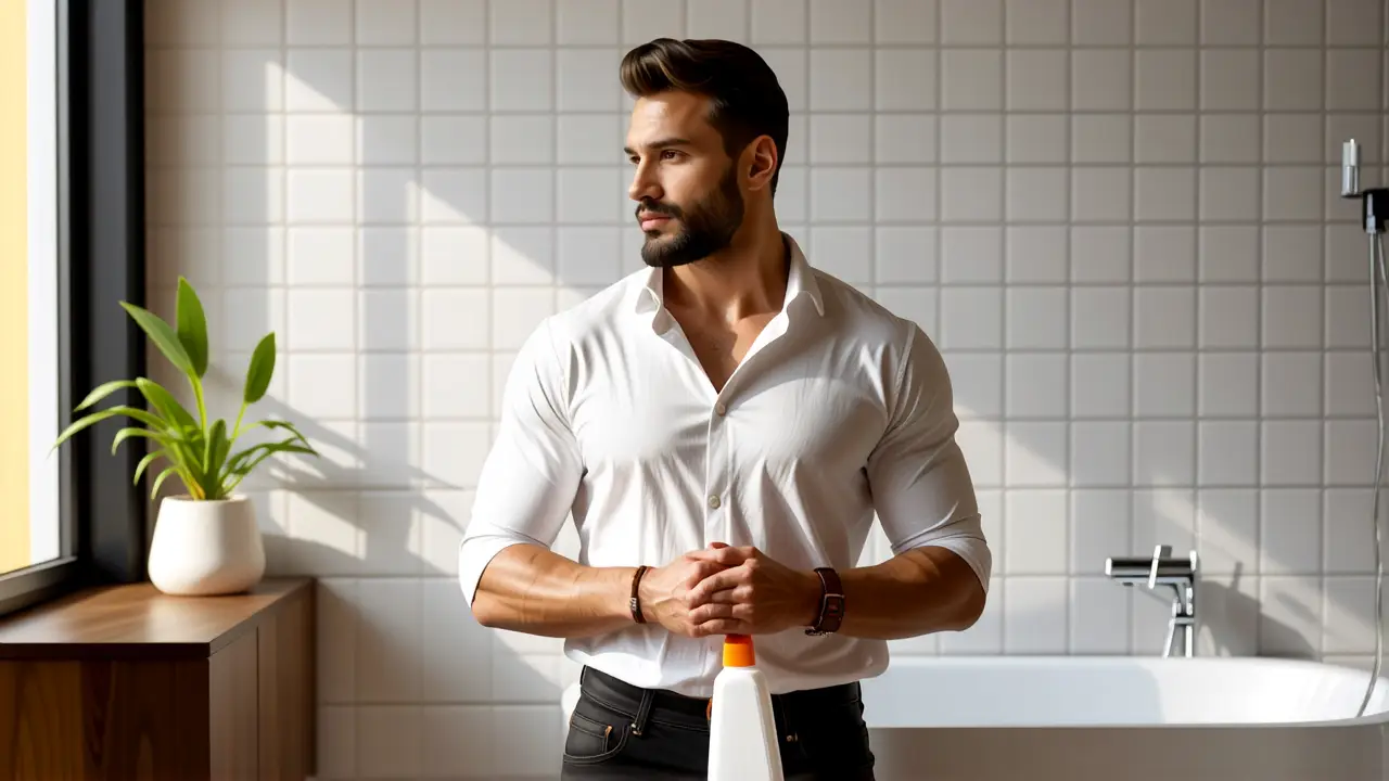 Un hombre pensativo limpia un baño sereno