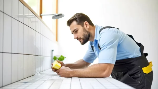 Un hombre limpia un baño español realista