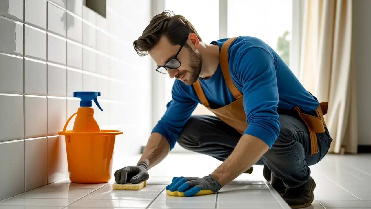 Un hombre limpia un baño moderno con realismo