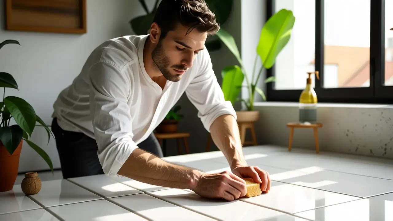 Un hombre blanco limpia con cuidado cerámica