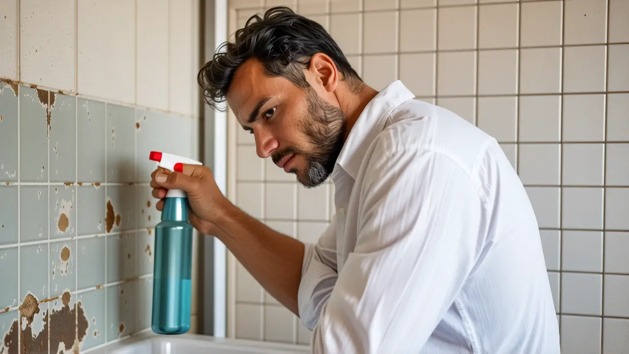 Un hombre limpia un baño con luz cálida