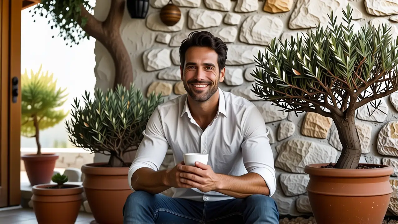 Colores para Casas Exteriores: Guía Práctica 2 Un hombre relajado disfruta la luz mediterránea