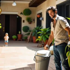 Colores para Casas Exteriores: Guía Práctica 11 Un hombre sonriente pinta en un patio soleado