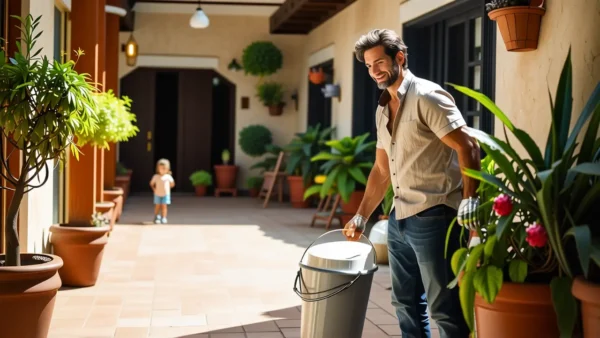 Un hombre sonriente pinta en un patio soleado