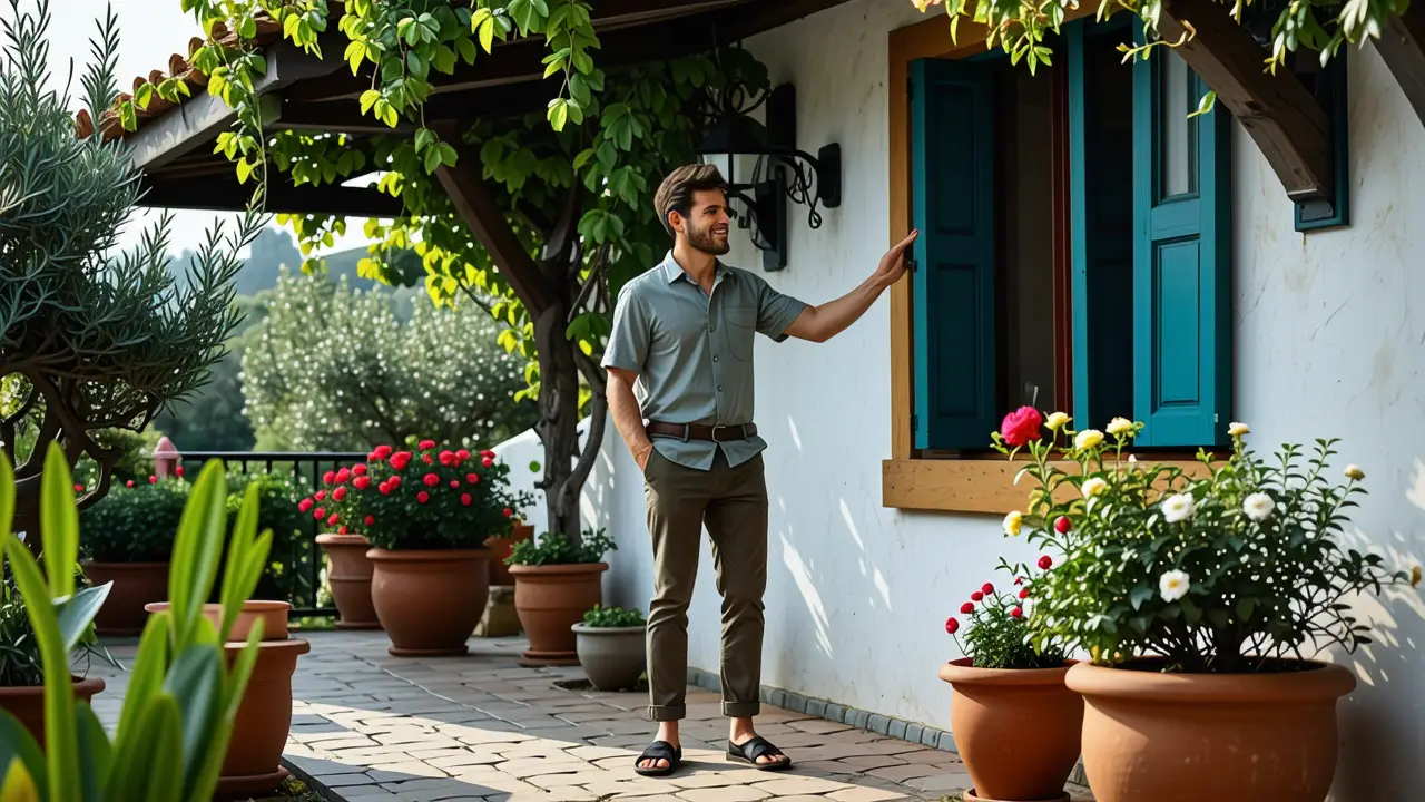 Colores para Casas Exteriores: Guía Práctica 4 Un hombre contemplativo en una villa mediterránea