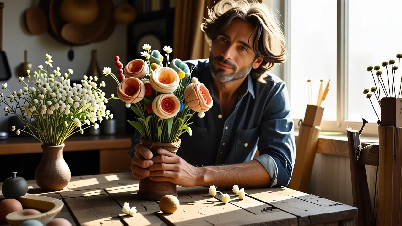 Un hombre pensativo sostiene flores de tela en luz cálida