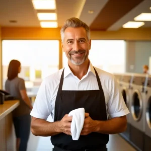 Franquicia Lavandería Lavalux: Inversión Rentable 9 Un hombre amable en una lavandería cálida