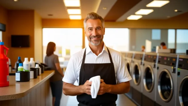 Franquicia Lavandería Lavalux: Inversión Rentable 1 Un hombre amable en una lavandería cálida