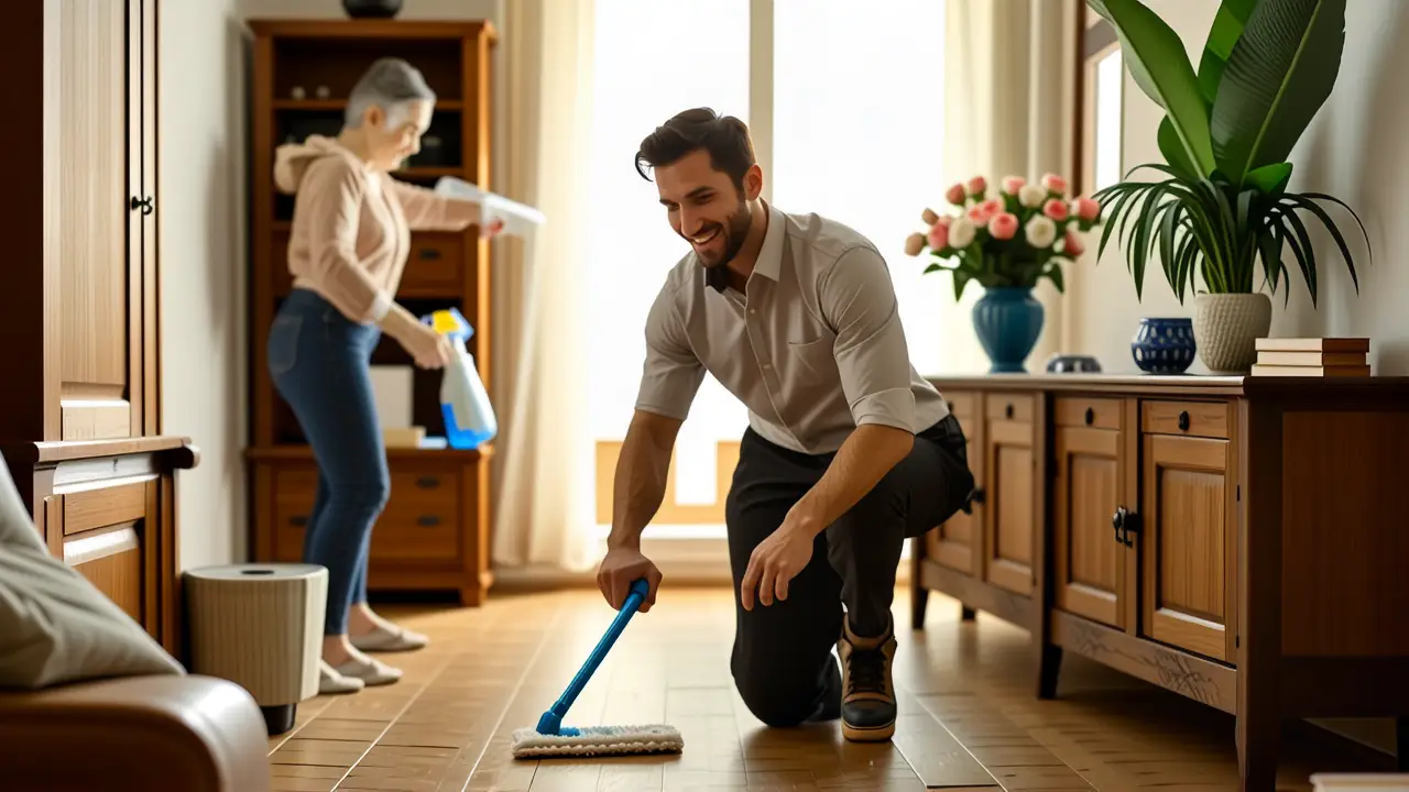 Un hombre limpia con calma su parquet
