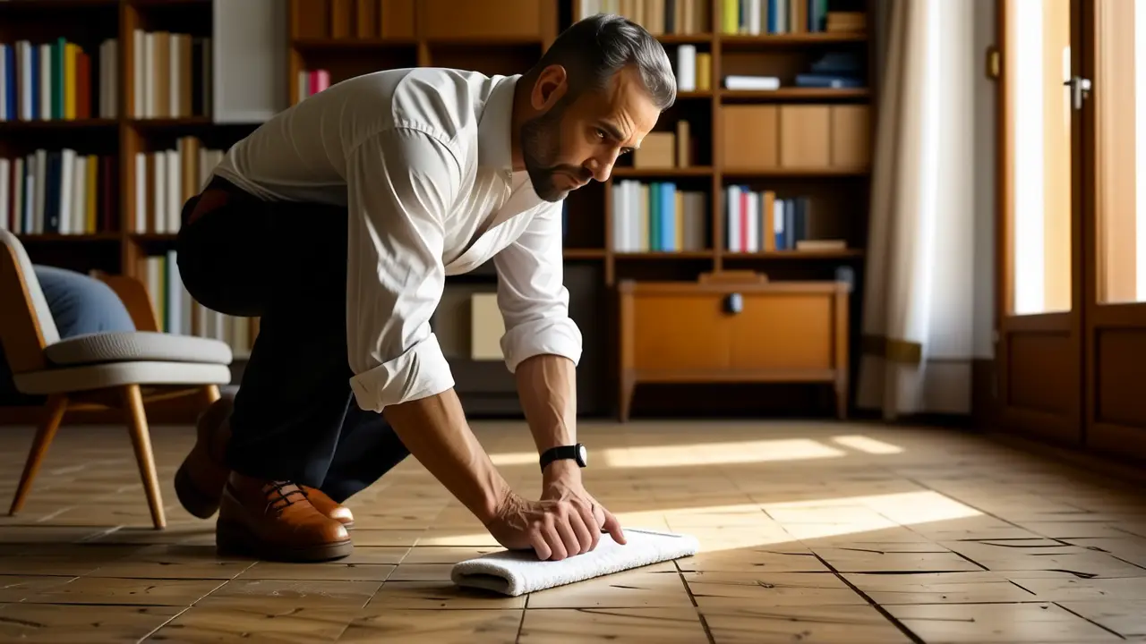Un hombre en un hogar escandinavo limpia con calma