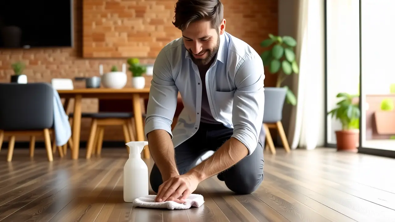 Un hombre español limpia con cuidado en luz cálida