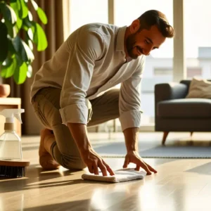 Un hombre sonríe limpiando un piso moderno