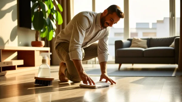 Un hombre sonríe limpiando un piso moderno