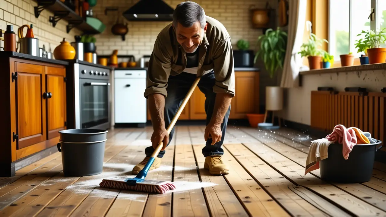 Fregar Suelos: Producto para Limpiar y Desinfectar 3 Un hombre español limpia con calidez y nostalgia