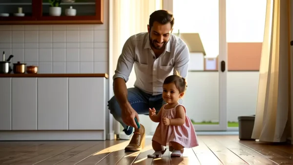 Fregar Suelos: Producto para Limpiar y Desinfectar 1 Un hombre español casual limpia con una niña feliz