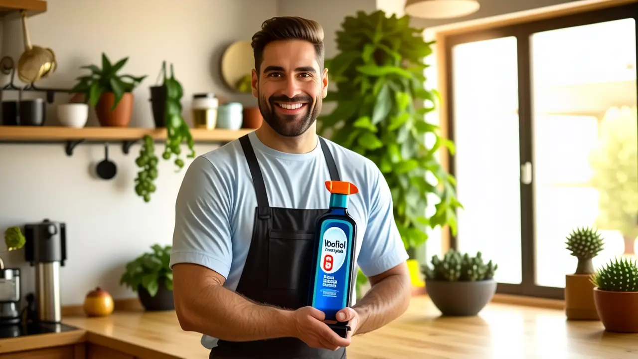 Fregar Suelos: Producto para Limpiar y Desinfectar 2 Un hombre sonriente sostiene desinfectante en cocina