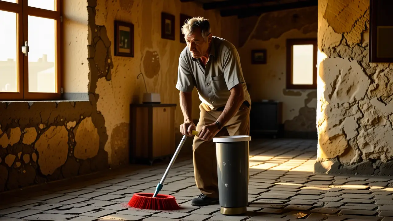 Fregar Suelos: Producto para Limpiar y Desinfectar 4 Un hombre trabaja diligentemente en una casa rústica