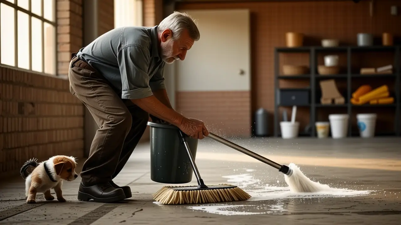 Fregar Suelos: Producto para Limpiar y Desinfectar 5 Un hombre limpiando con cuidado en el almacén