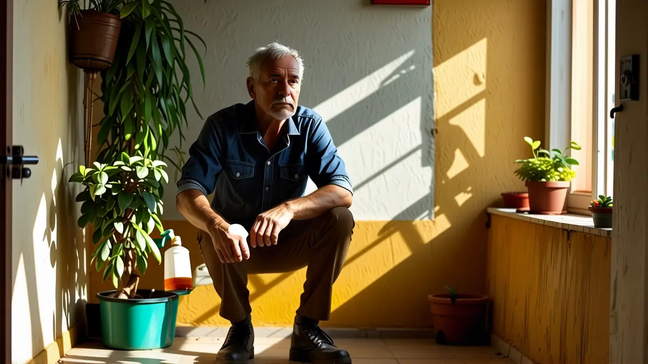 Fumigar una casa: Guía segura y efectiva 6 Hombre preocupado fumiga con precaución en casa