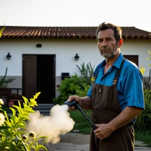 Un hombre serio rocía en la ruralidad española