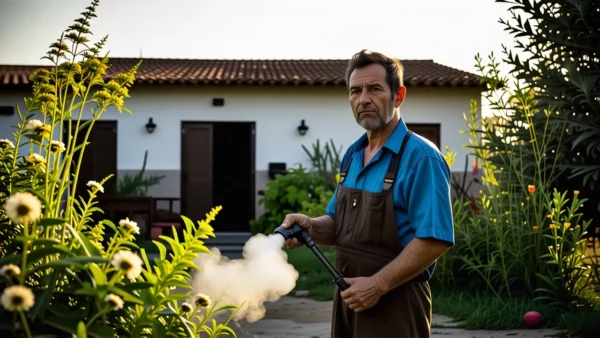 Fumigar una casa: Guía segura y efectiva 1 Un hombre serio rocía en la ruralidad española