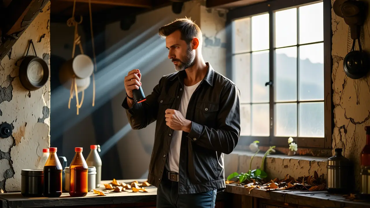 Fumigar una casa: Guía segura y efectiva 4 Un hombre pensativo rocía en la penumbra