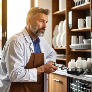 Un ingeniero ayuda con un lavavajillas moderno