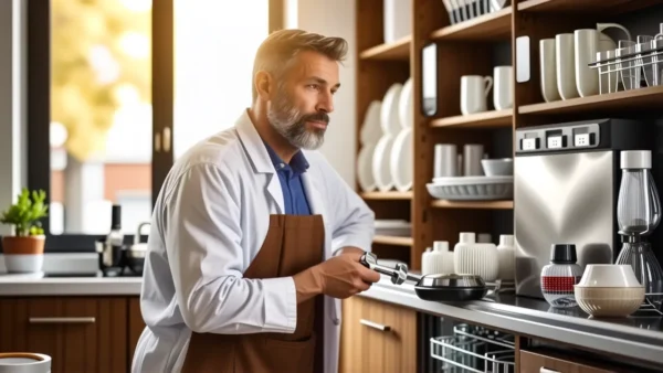 Un ingeniero ayuda con un lavavajillas moderno