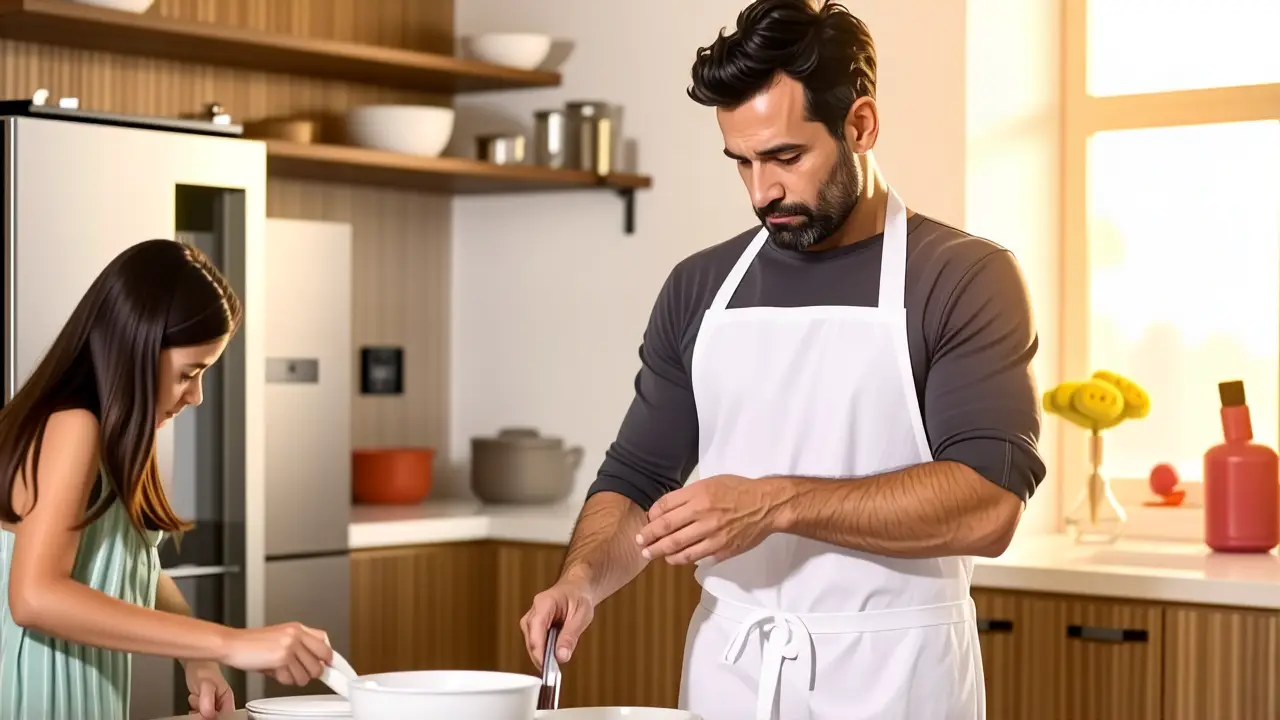 Un hombre limpia platos con seriedad en casa