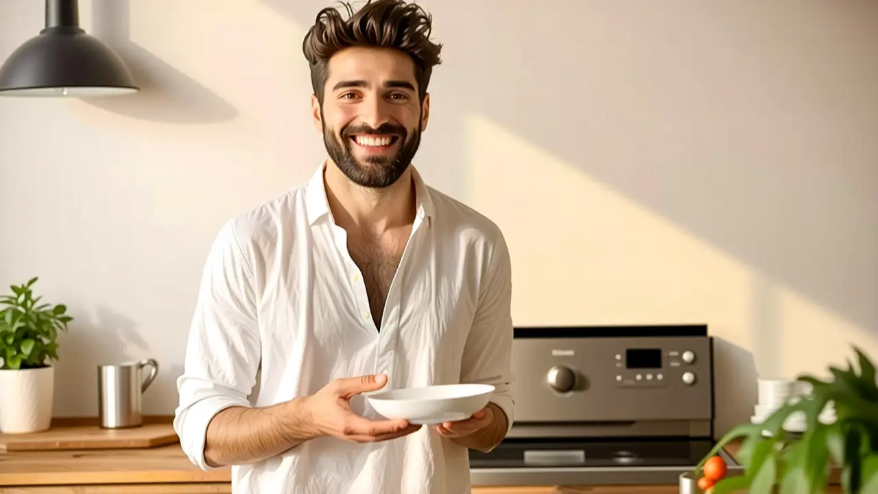 Un hombre sonríe junto a la cocina moderna