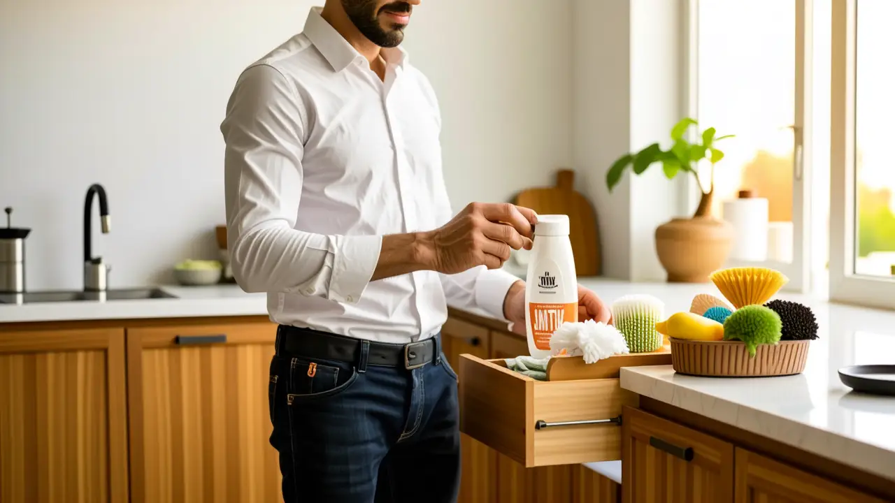 Un hombre español examina detergente en cocina
