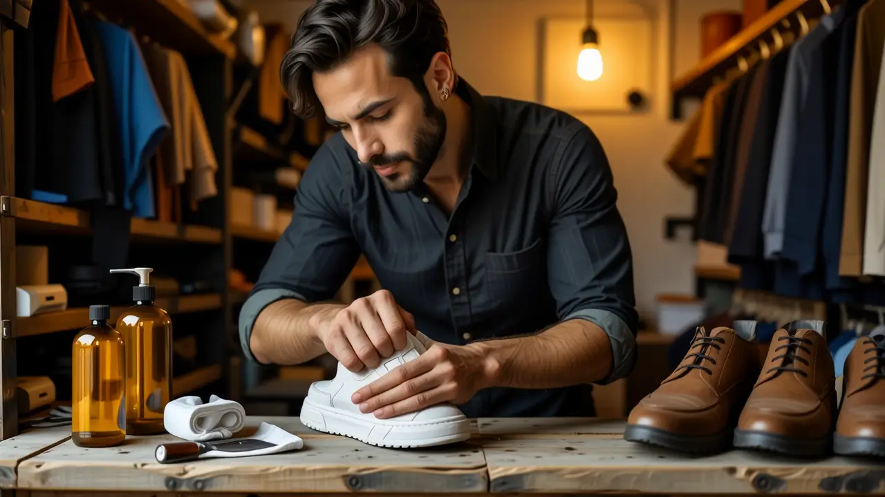Como limpiar gamuza: guía completa para zapatos 2 Un hombre español limpia un zapato con cuidado