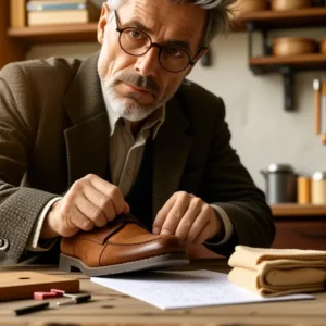 Un hombre elegante limpia zapatos vintage con cuidado