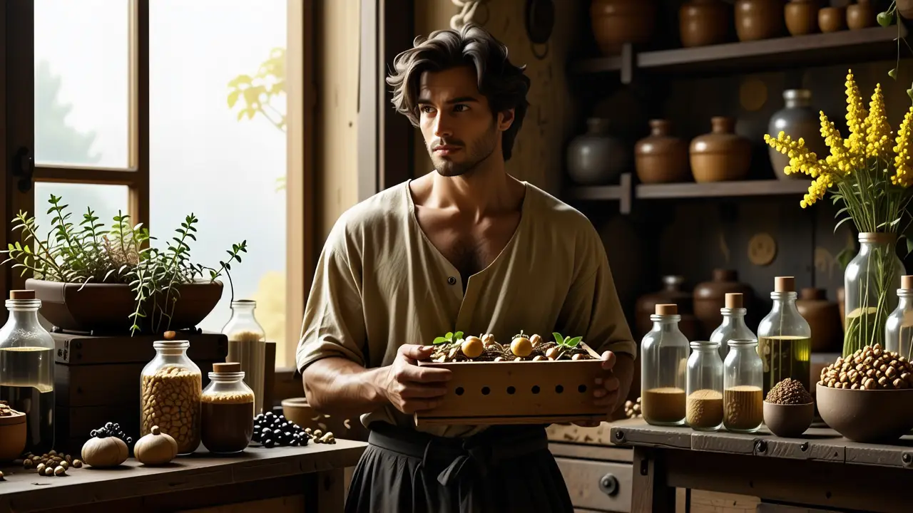 Un hombre pensativo examina hierbas en una luz cálida