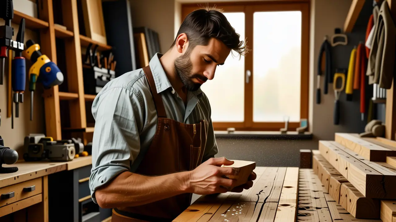 Un hombre examina madera con preocupación en su taller