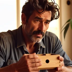 Un hombre melancólico examina un misterioso cofre