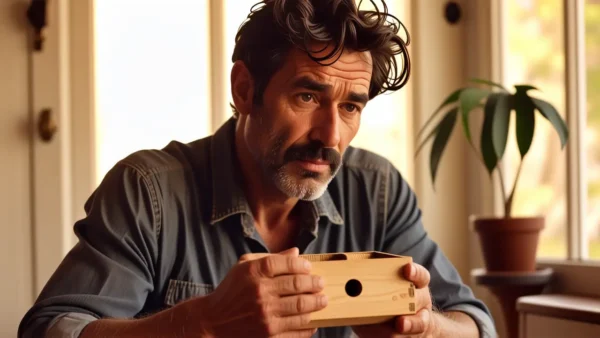 Un hombre melancólico examina un misterioso cofre