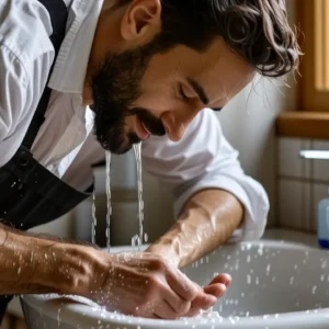 Un hombre blanco lava las manos en luz dorada