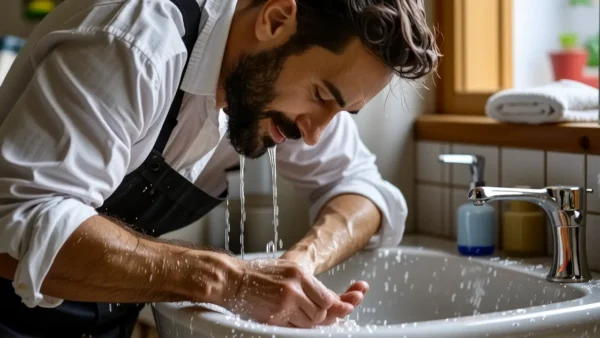 Un hombre blanco lava las manos en luz dorada