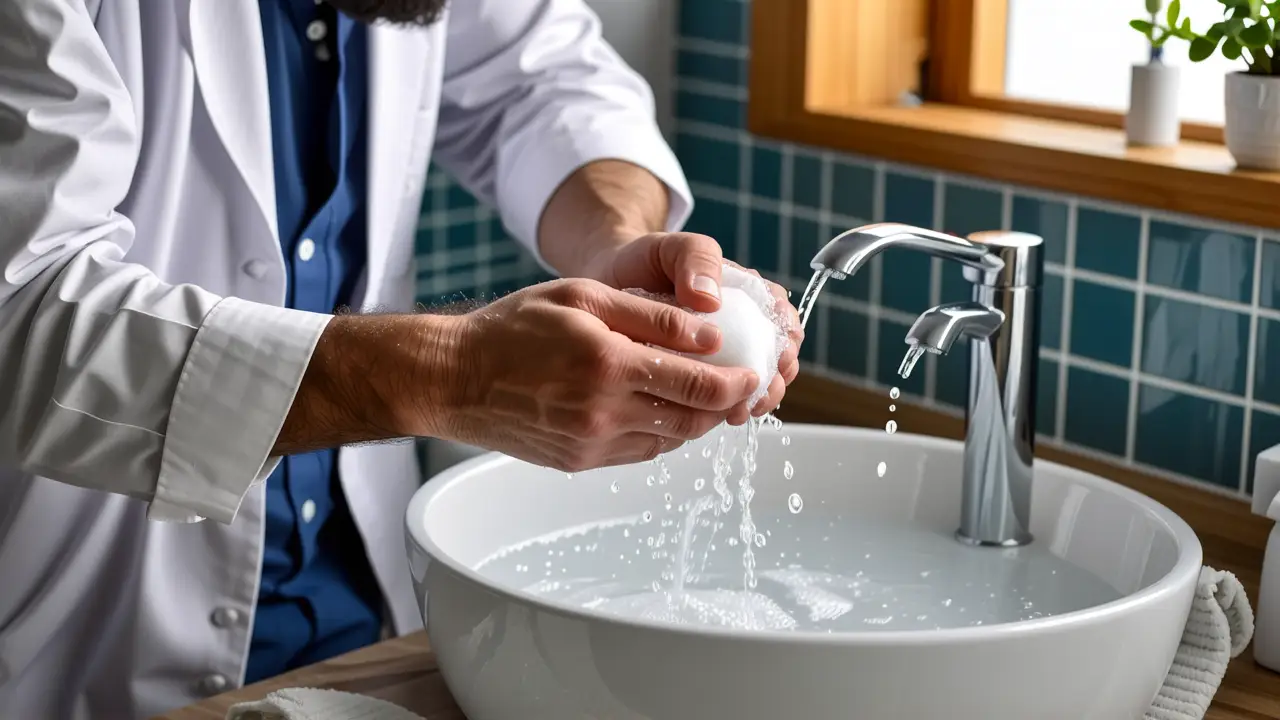 Higiene de Manos: Hábitos para la Salud 2 Un hombre limpio y amable lava las manos