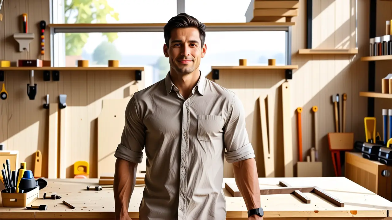 Hacer Estantes: Guía para Hacer Estante de Madera 3 Un hombre relajado trabaja con madera cálida