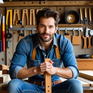 Un hombre pensativo mide madera en taller